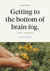 Text that reads ‘Getting to the bottom of brain fog’ with an image of someone holding medicinal herbs whilst in the garden. A hyperlink reads ‘Learn more’.