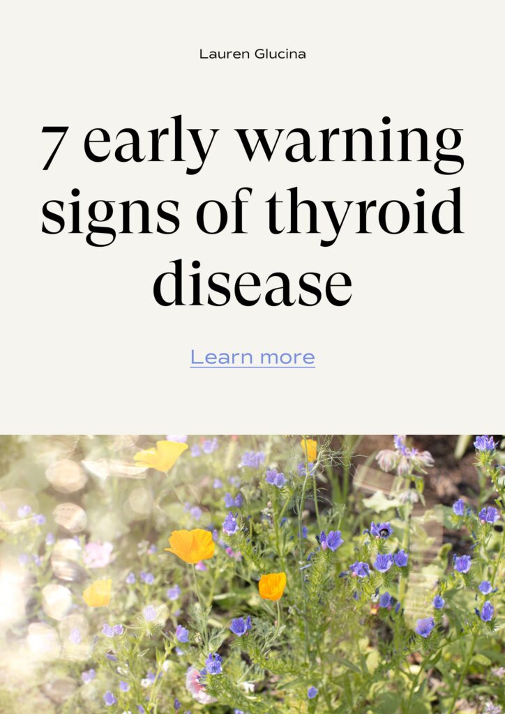 Text along the top of a graphic reads '7 early warning signs of thyroid disease'. The image below it is of a garden filled with wild flowers.