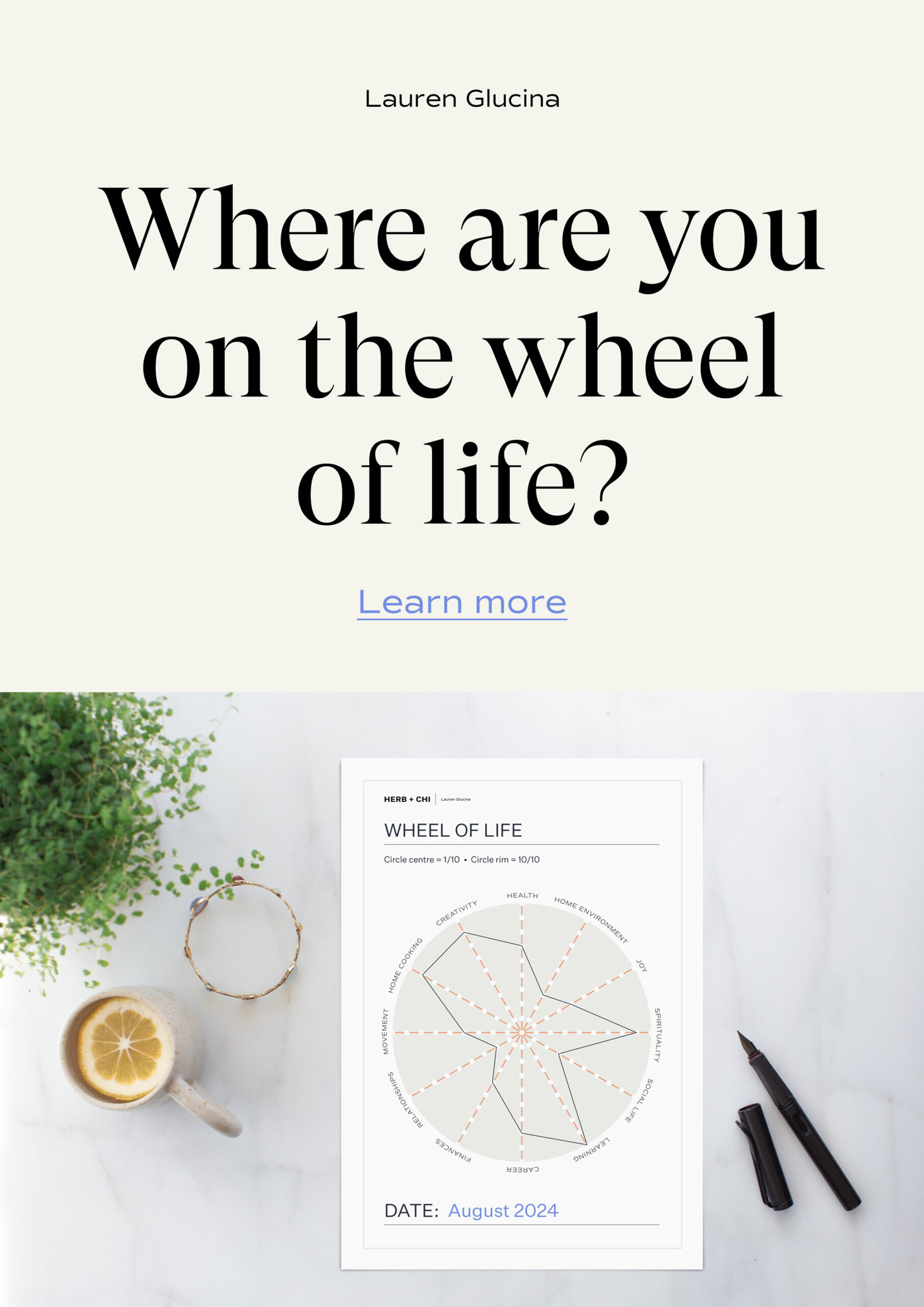 Pinterest graphic with text that reads 'Where are you on the wheel of life? with an image of a template on a marble desk below.