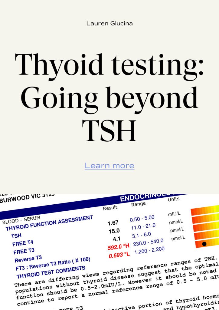 Text along the top of the image reads: 'Thyroid testing: Going beyond TSH', the image below it is of a thyroid panel test result.