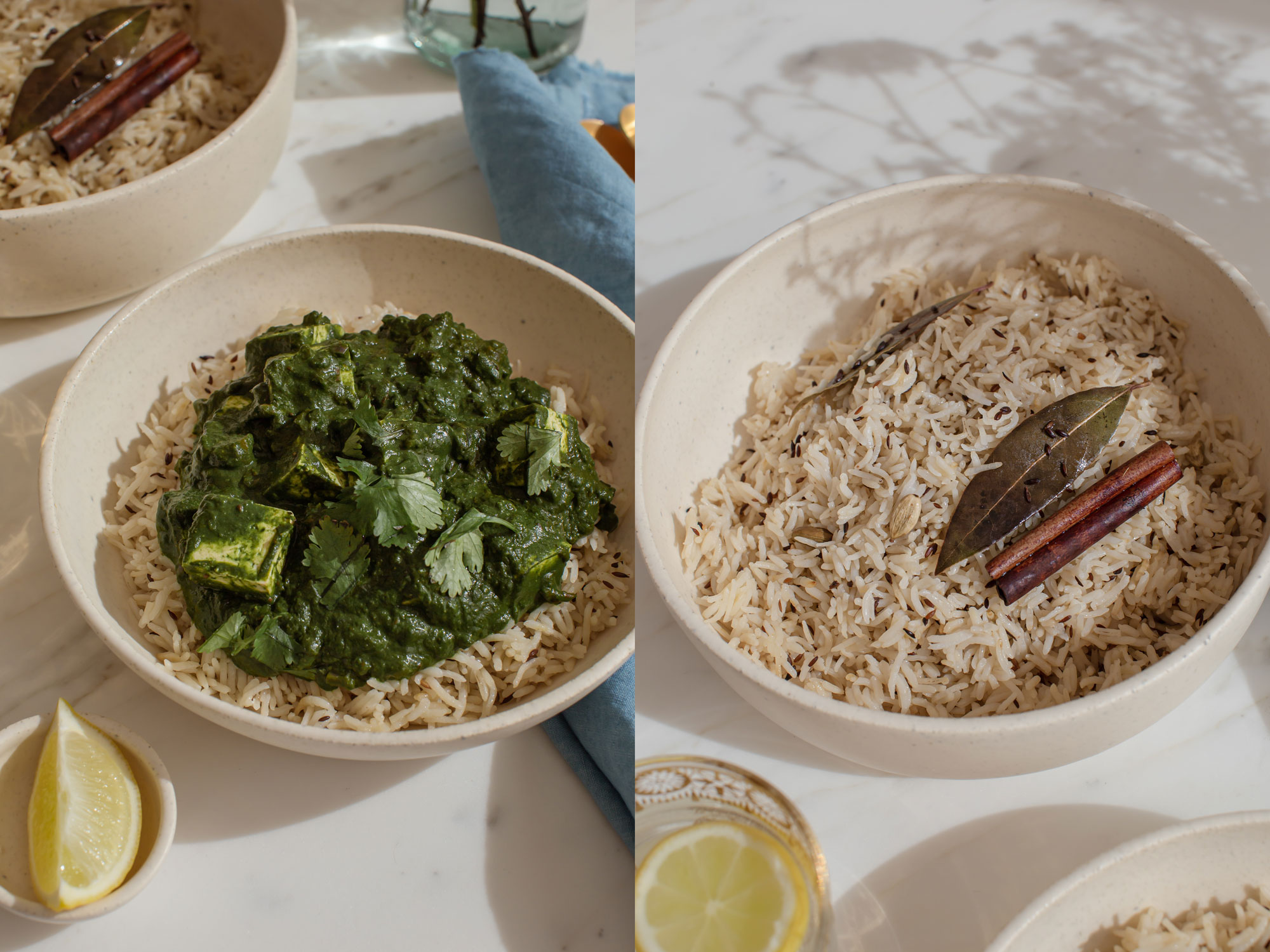 Two photographs side by side, on the left is a bowl of palak tofu, the right is cumin-scented rice.