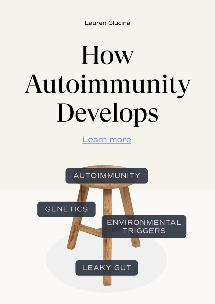 A pinterest graphic with the title 'How Autoimmunity Develops' and image of a three-legged stool below.