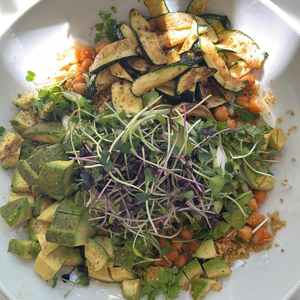 Quinoa salad with chickpeas, sprouts, a range of herbs, zucchini,  avocado, mixed spices - many different plants in a meal.