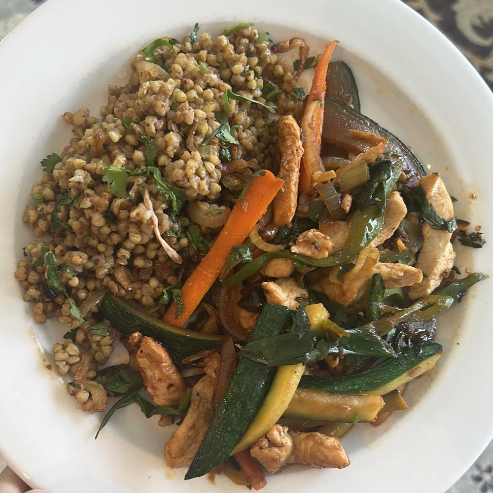 Buckwheat cooked in vegetable stocks (all ingredients of which count to the 30 plants a week goal), with herbs, and a big vege stir fry.