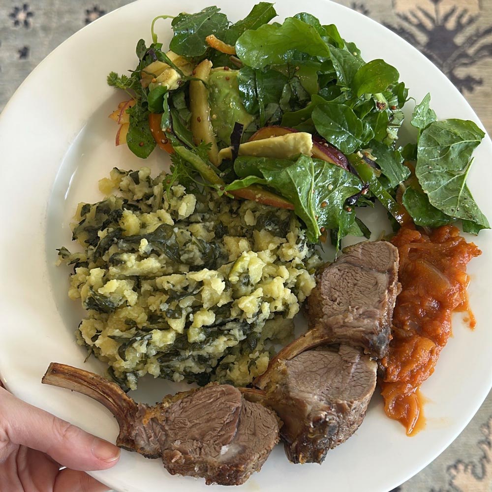 Balanced dinner - lamb chops with vegetable mash (potato, spinach, garlic, zucchini), mixed salad with peach slices and homemade salsa.